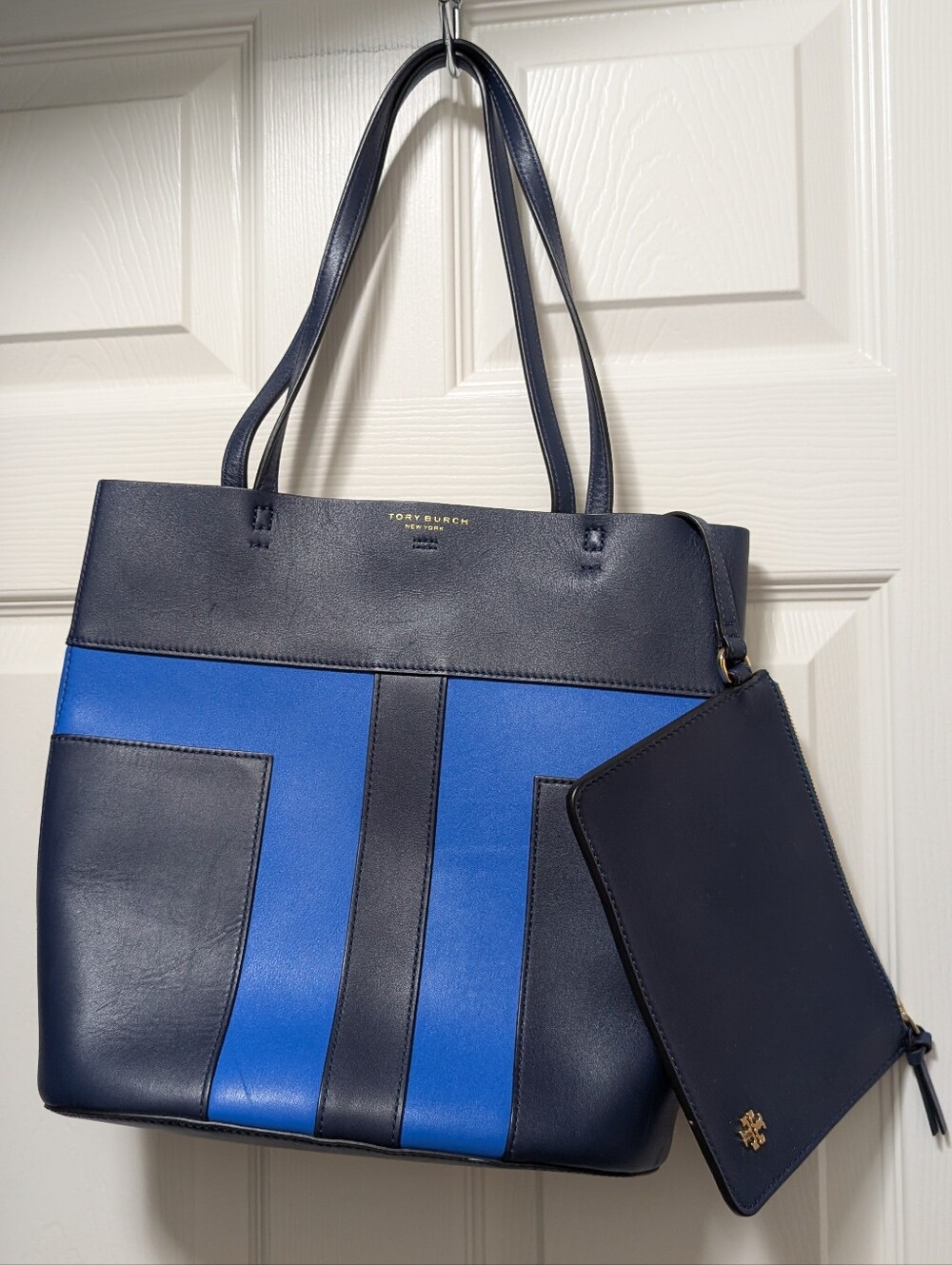 Tory Burch Tall Block T Tote Blue With Attached Pouch